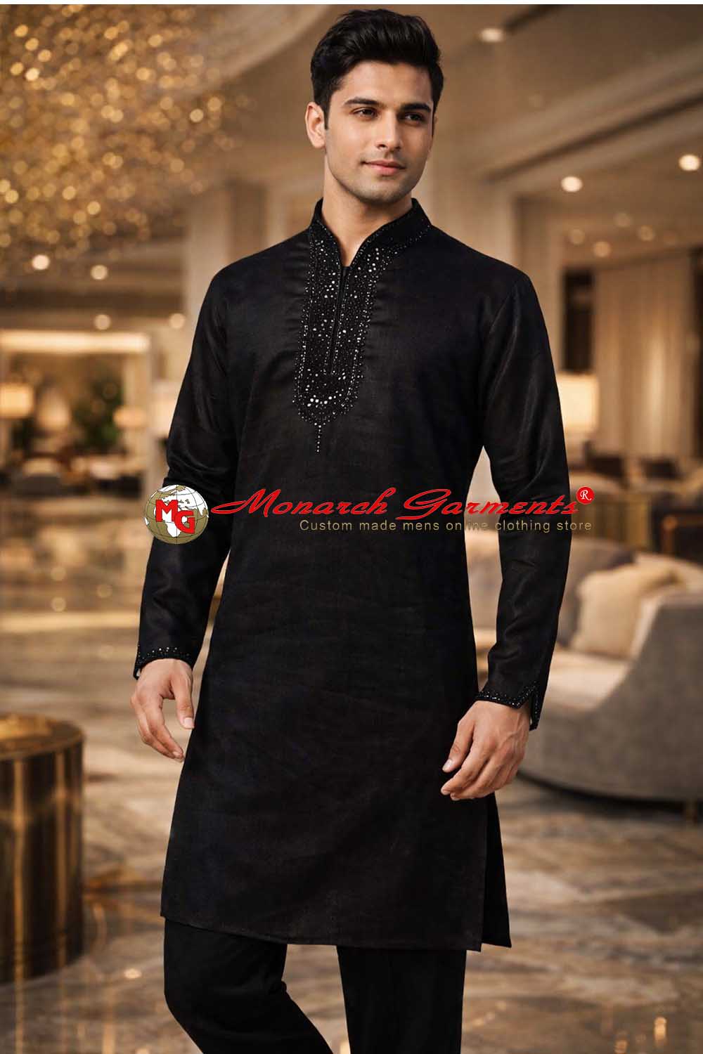 Black linen kurta pajama for men with embroidered neck and cuff details festive wear India