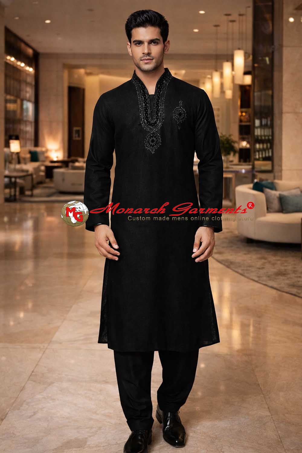 Black linen kurta pajama with silver embroidery on neck and chest for men wedding wear India