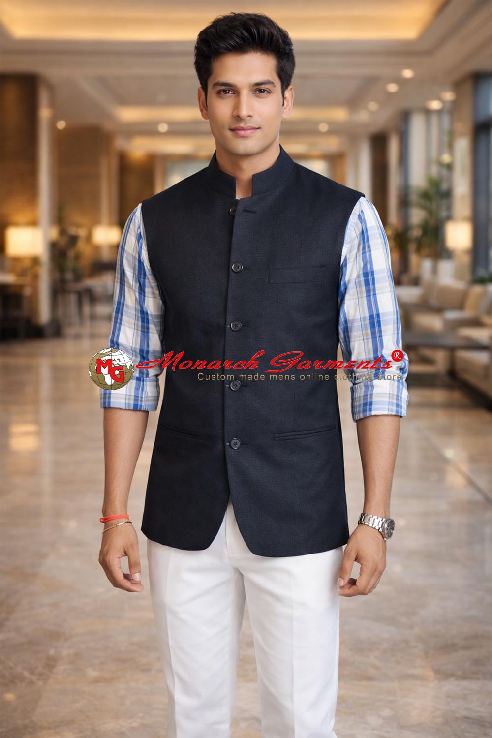 Black linen Nehru vest for men slim fit classic wedding wear India