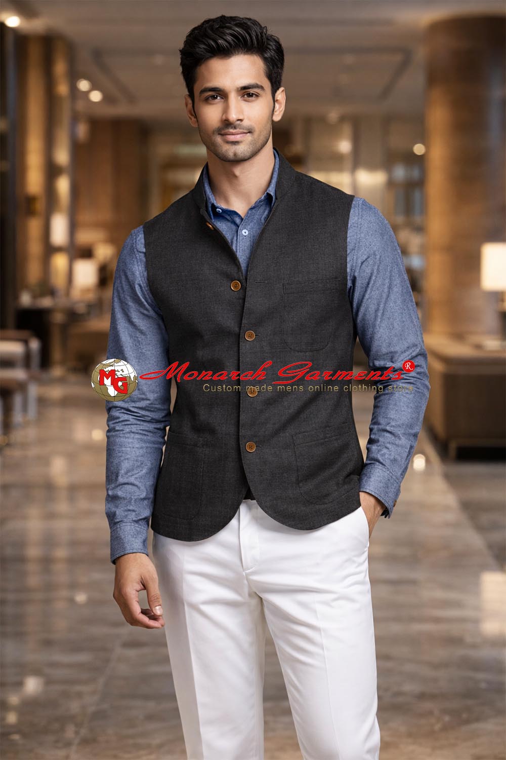 Black linen Nehru vest for men tailored fit summer waistcoat for weddings and formal events