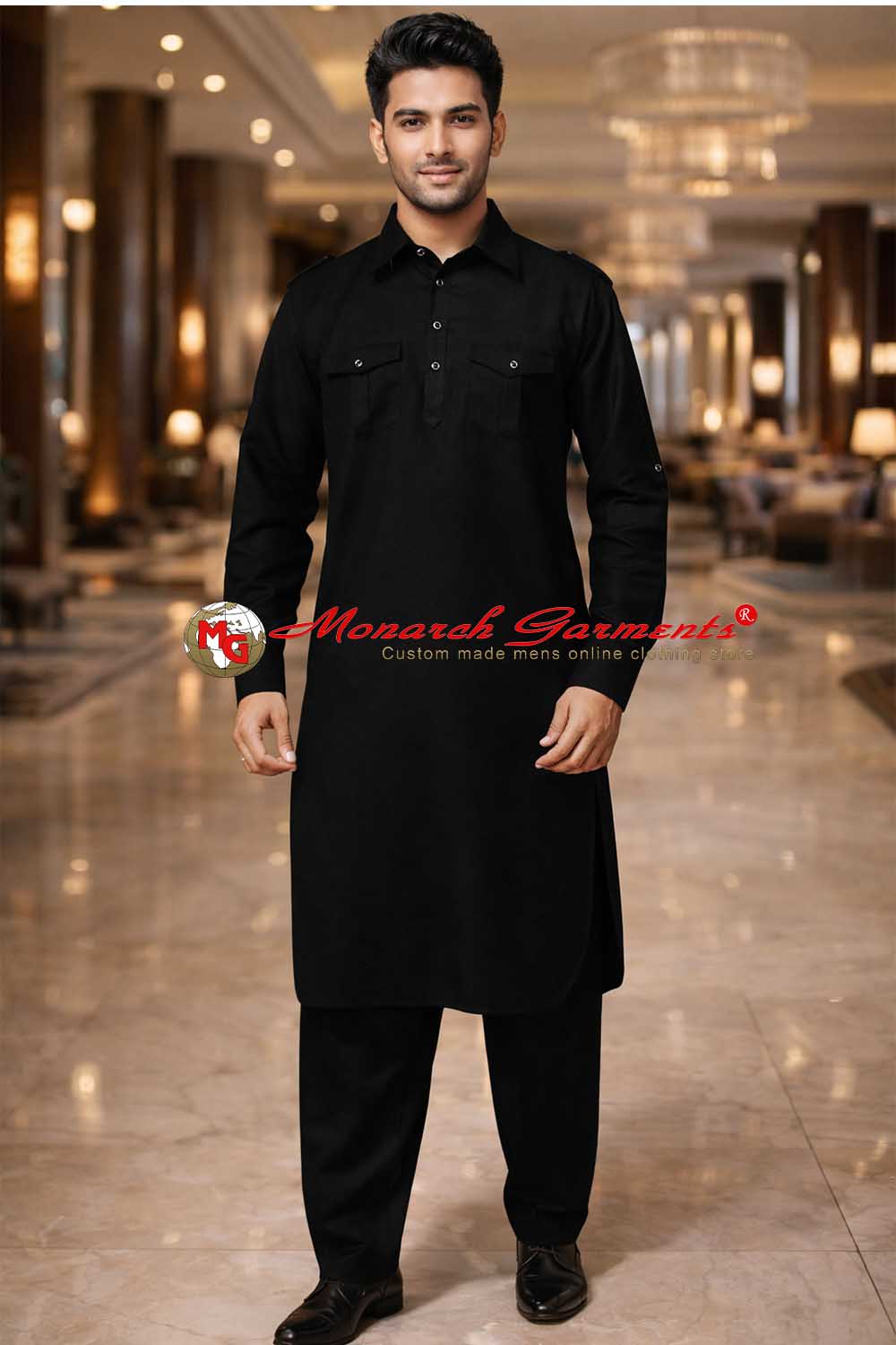 Black linen safari style kurta pajama for men with chest pockets and epaulettes India