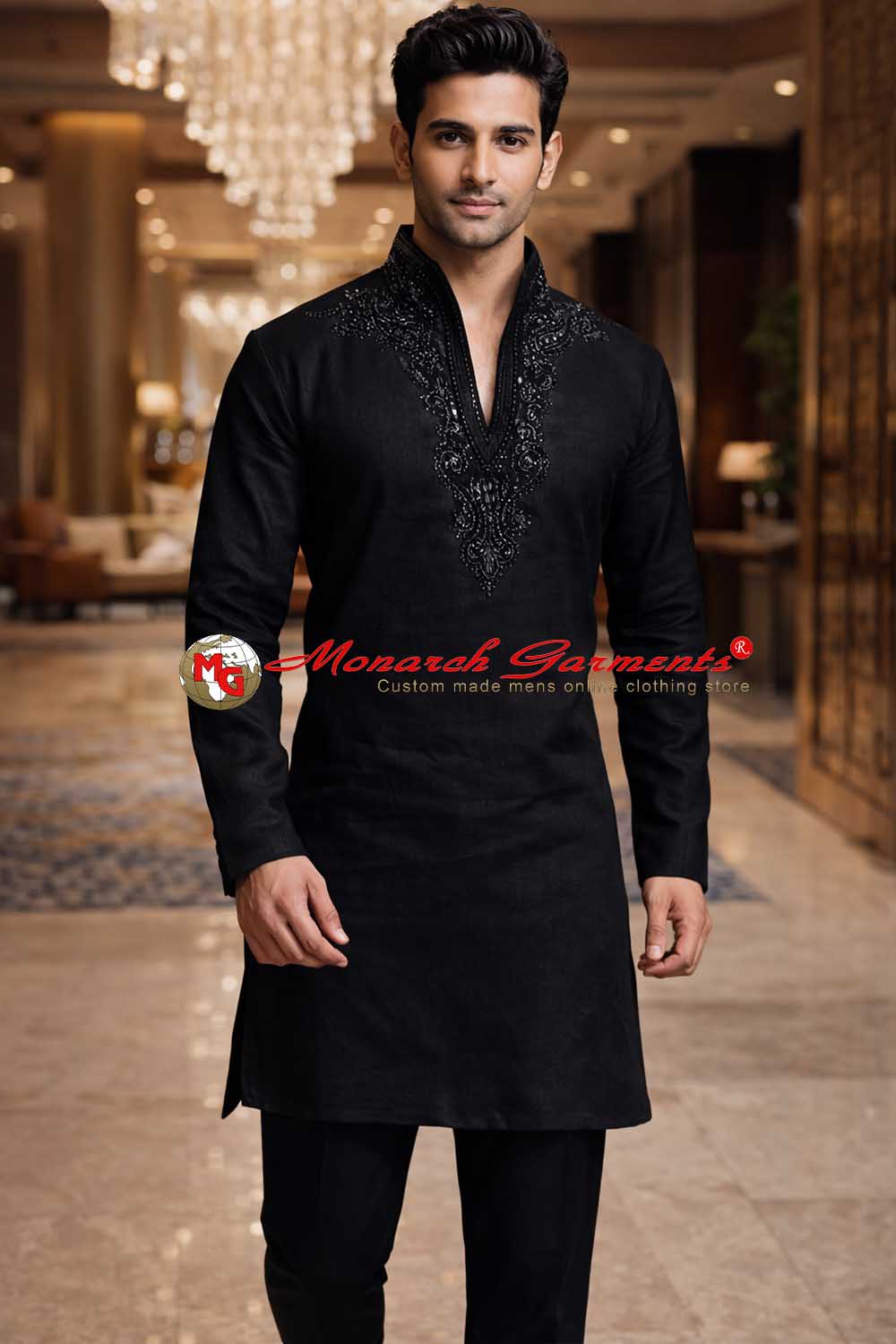 Black linen kurta pajama for men with silver embroidery high neck wedding wear