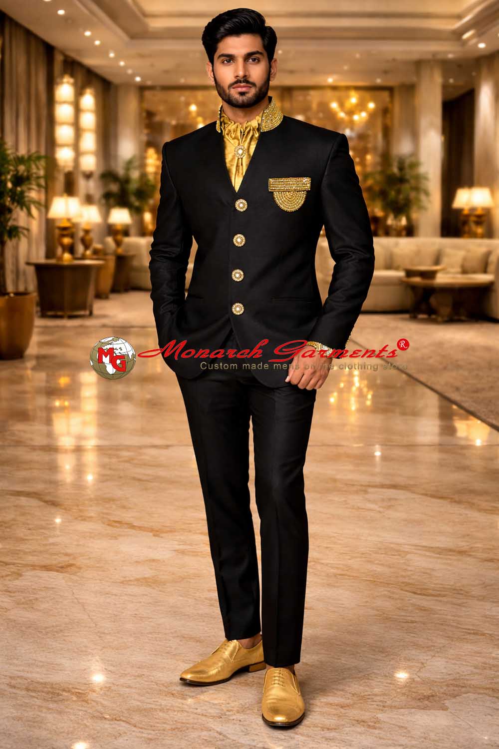 Black linen V-neck Jodhpuri suit for men with gold detailing luxury wedding outfit Monarch Garments