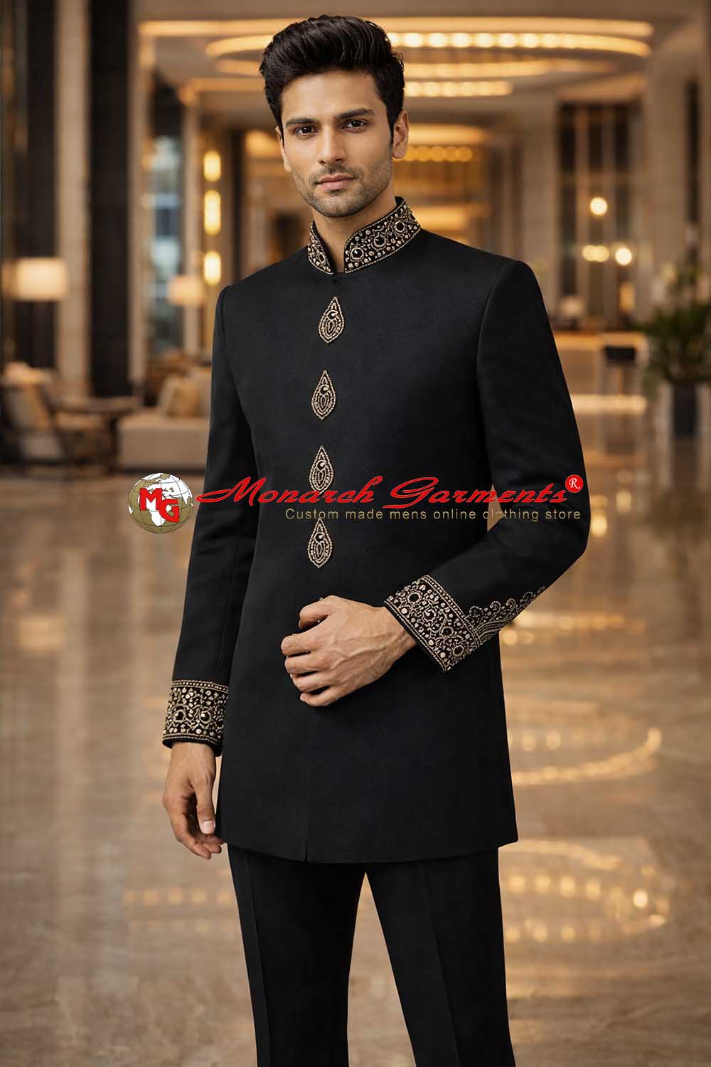 Black Nehru collar Indo Western suit with embroidery for men wedding and formal wear