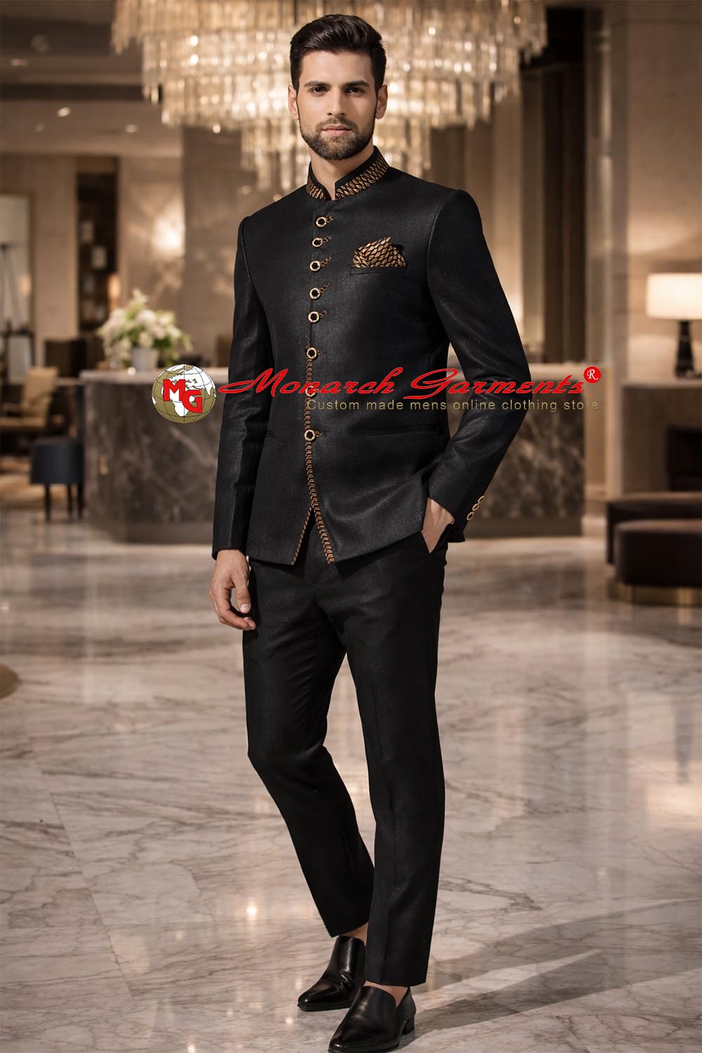 Black Nehru collar Jodhpuri suit for men 3 piece bandhgala with gold detailing by Monarch Garments India