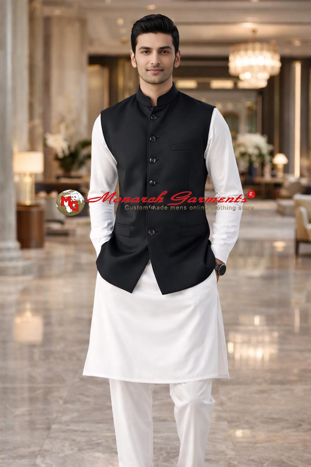 Black Nehru vest for men slim fit formal waistcoat for weddings and occasions