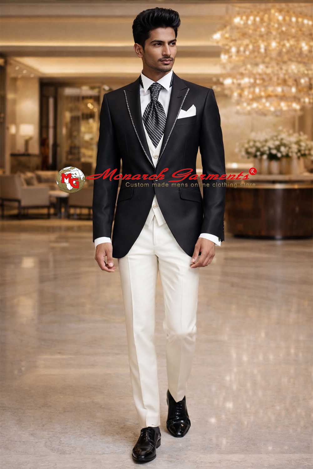 Men’s black one button tuxedo suit slim fit with contrast waistcoat