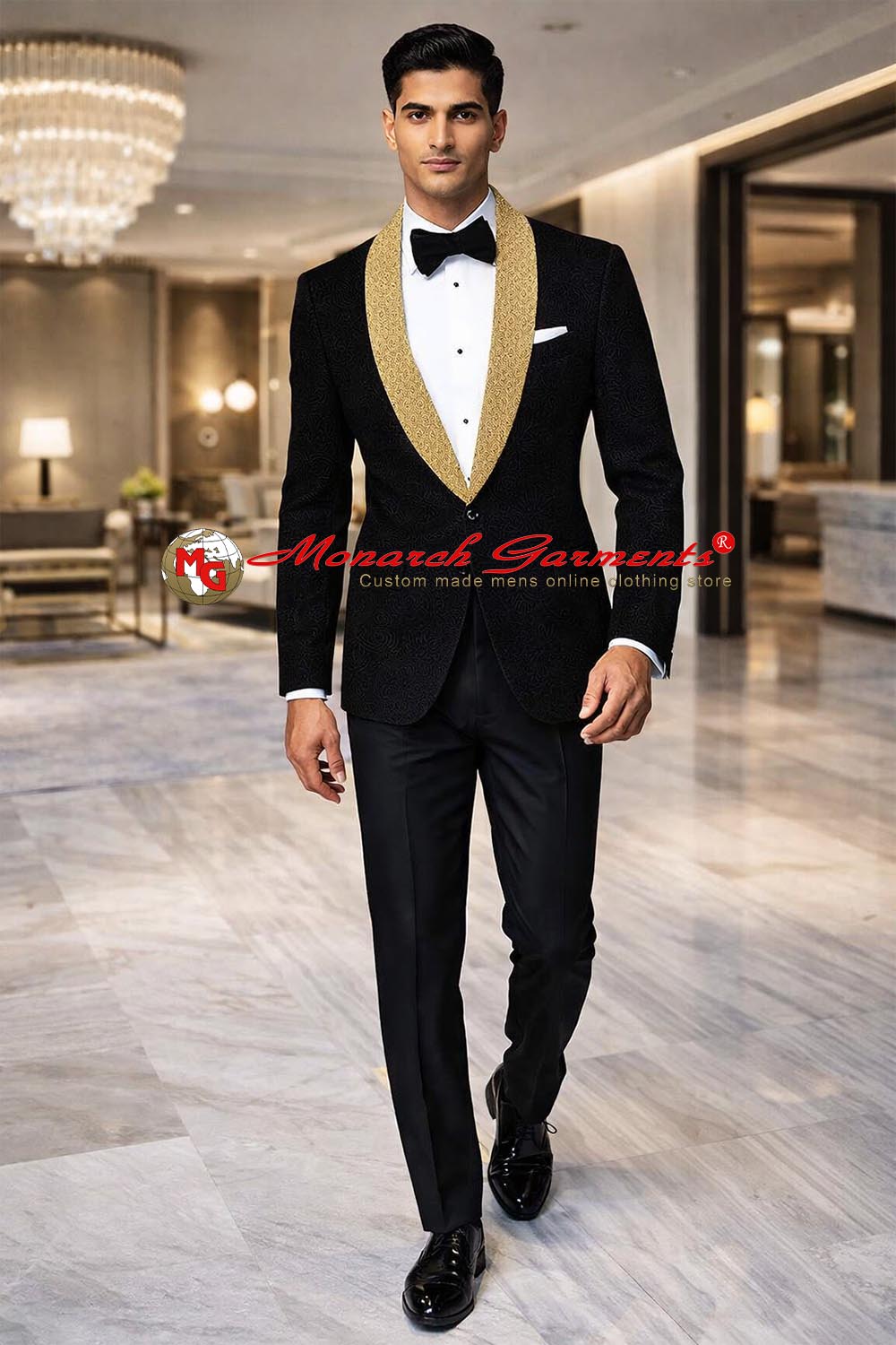 Men’s black paisley velvet slim fit blazer with designer shawl lapel for wedding reception and evening wear