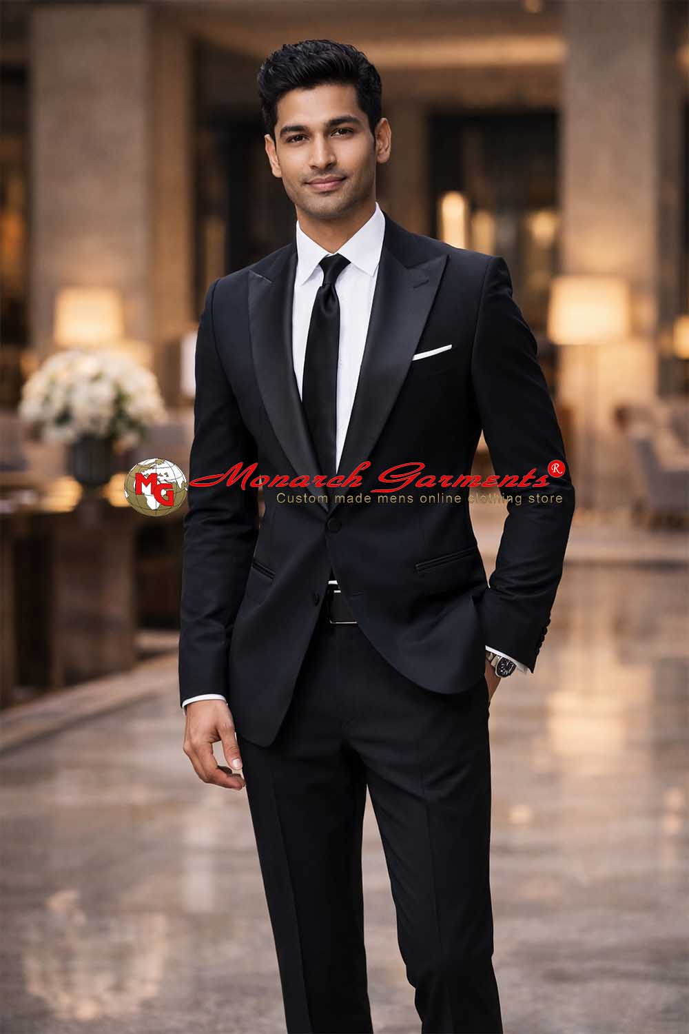 Black peak lapel tuxedo suit for men slim fit wedding formal wear