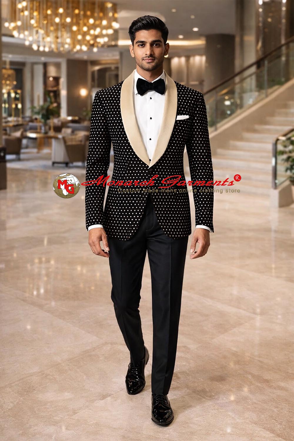 Men’s black velvet polka dot slim fit blazer with bisque satin shawl lapel for wedding reception and luxury evening wear
