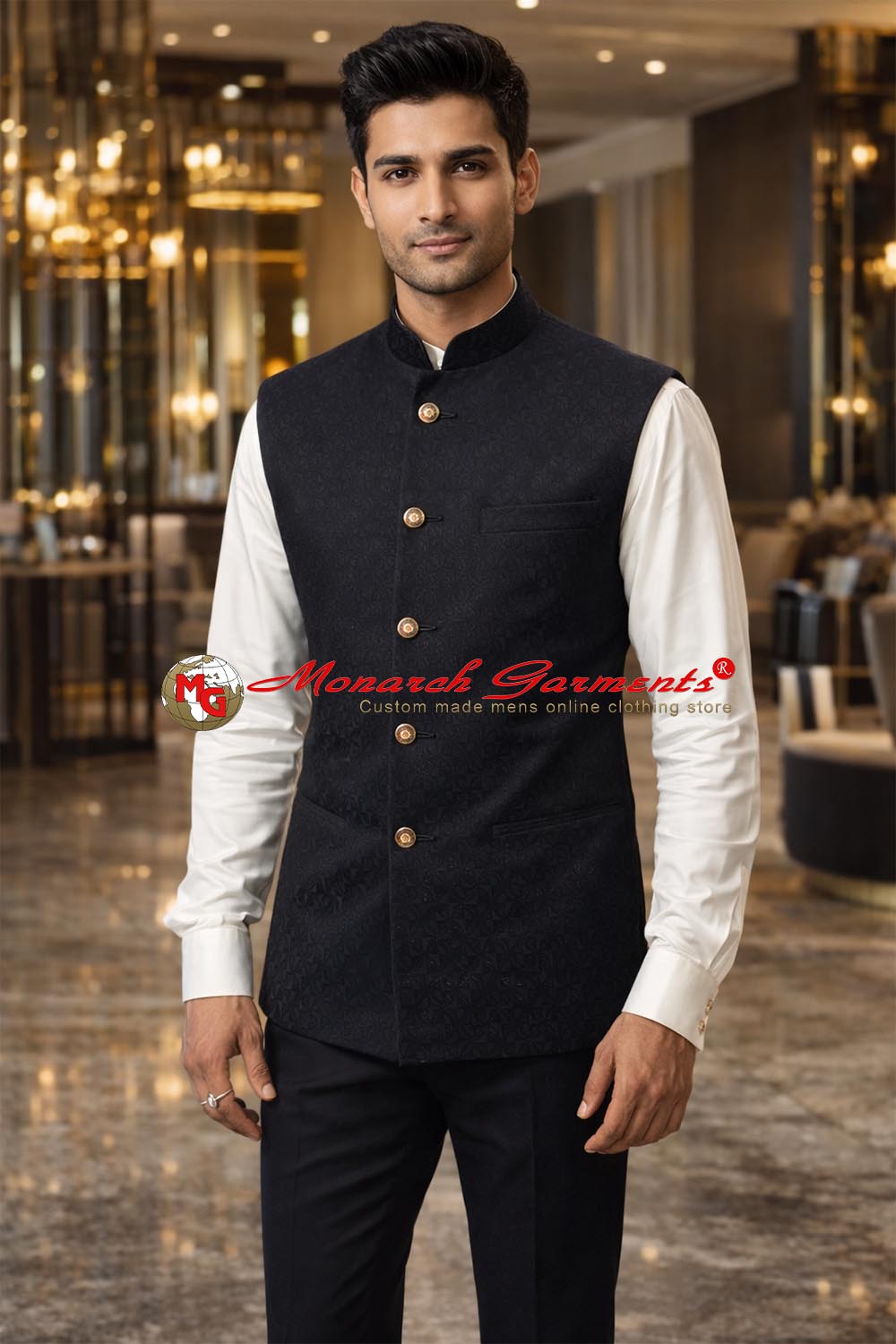 Black printed Nehru vest for men tailored fit reception wear India