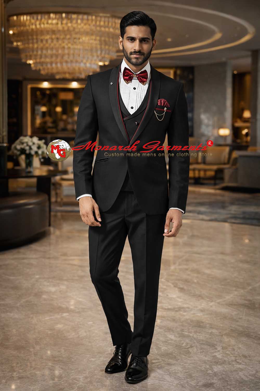 Black tuxedo suit with red piping shawl collar slim fit designer wedding outfit for men