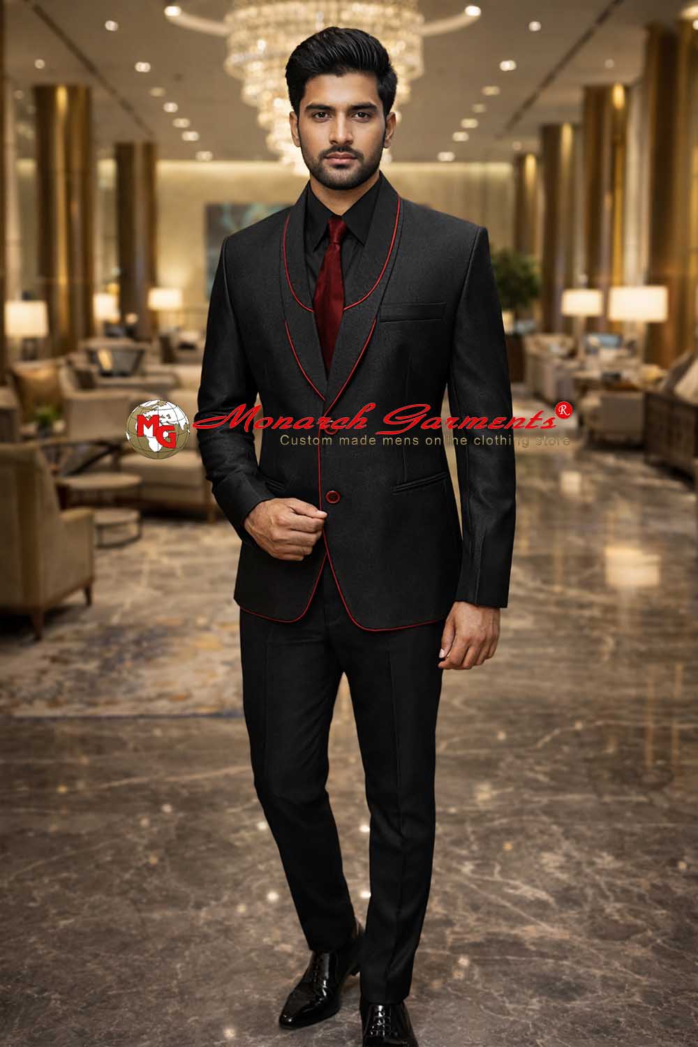 Black tuxedo suit with red piping shawl collar slim fit men wedding formal outfit