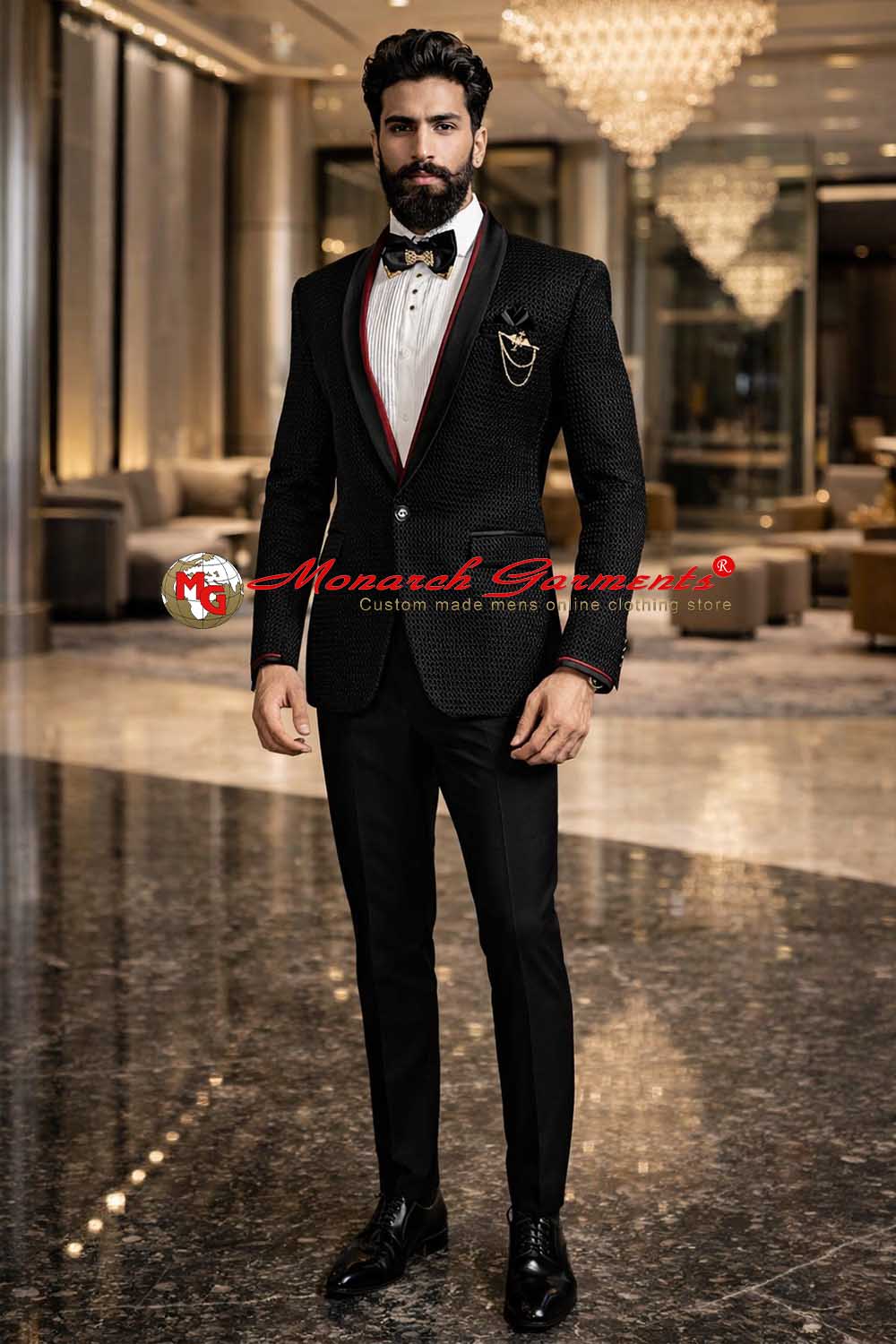 Black tuxedo suit with red trim shawl collar slim fit designer wedding suit for men