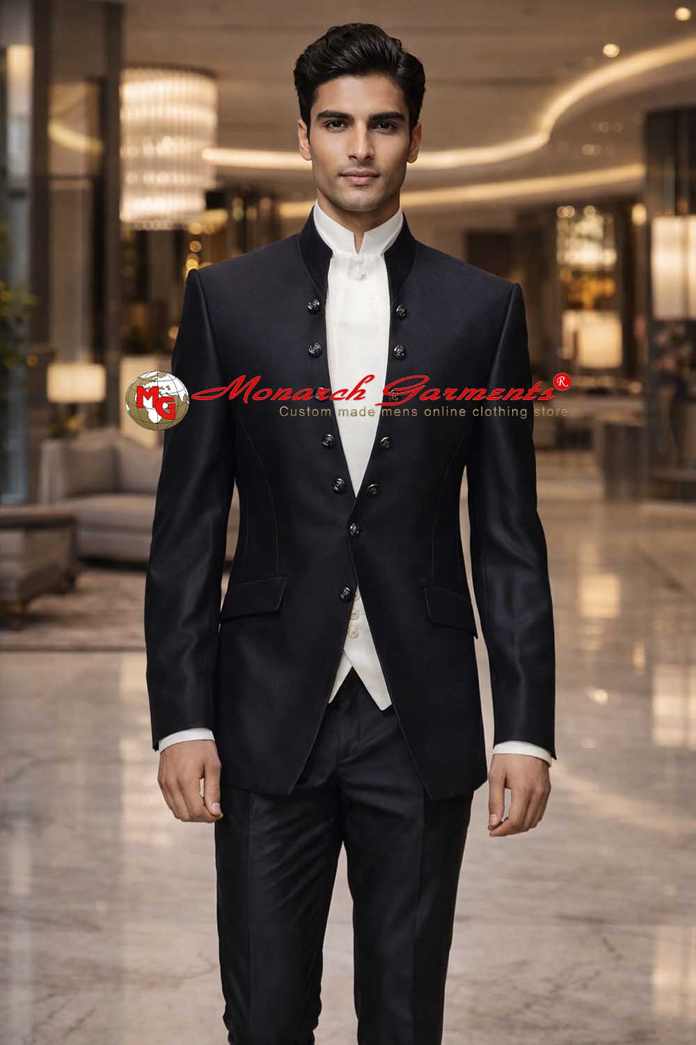 Men’s black royal tuxedo suit slim fit with mandarin collar