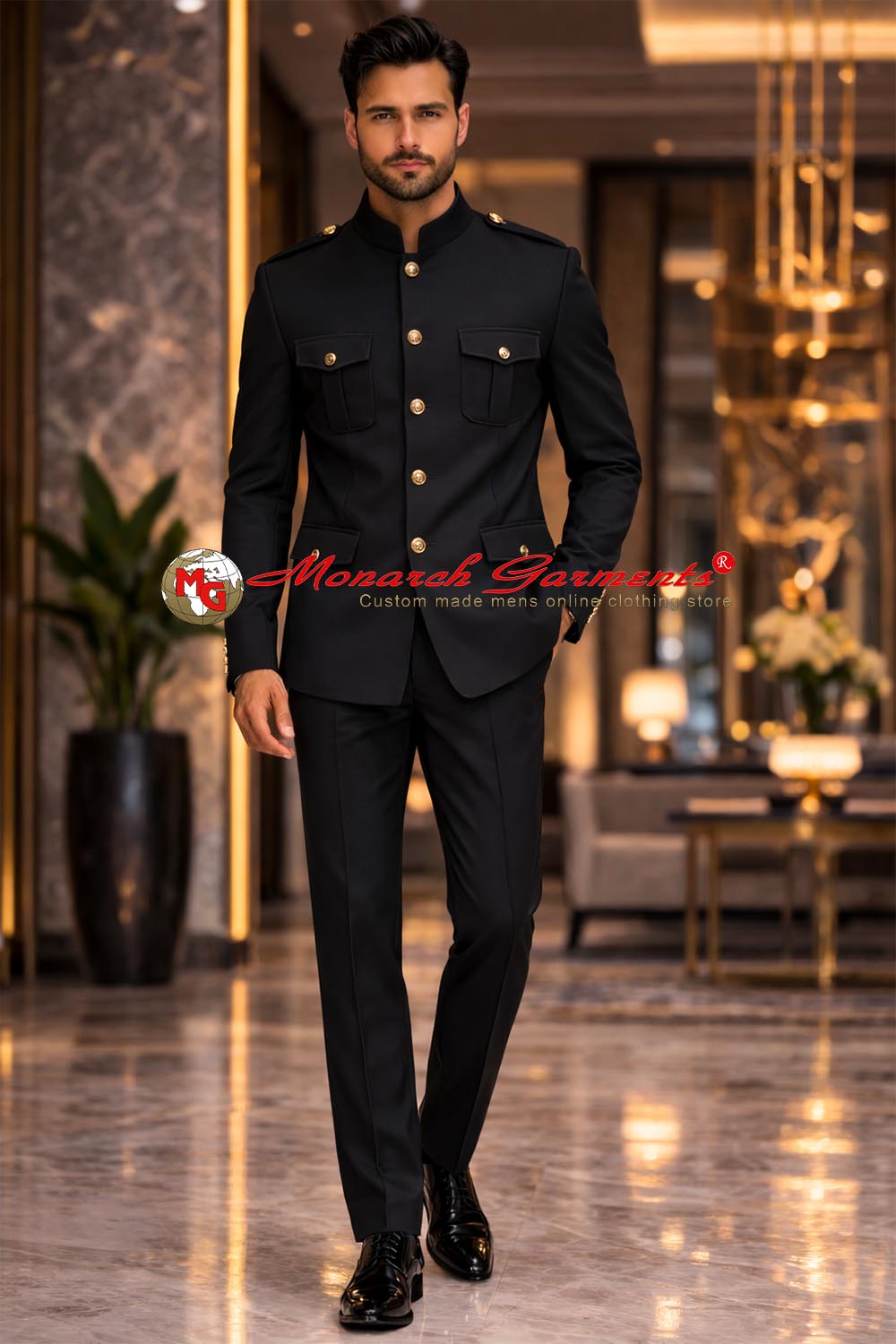 Black safari style bandhgala suit for men with gold buttons by Monarch Garments – luxury wedding and formal outfit