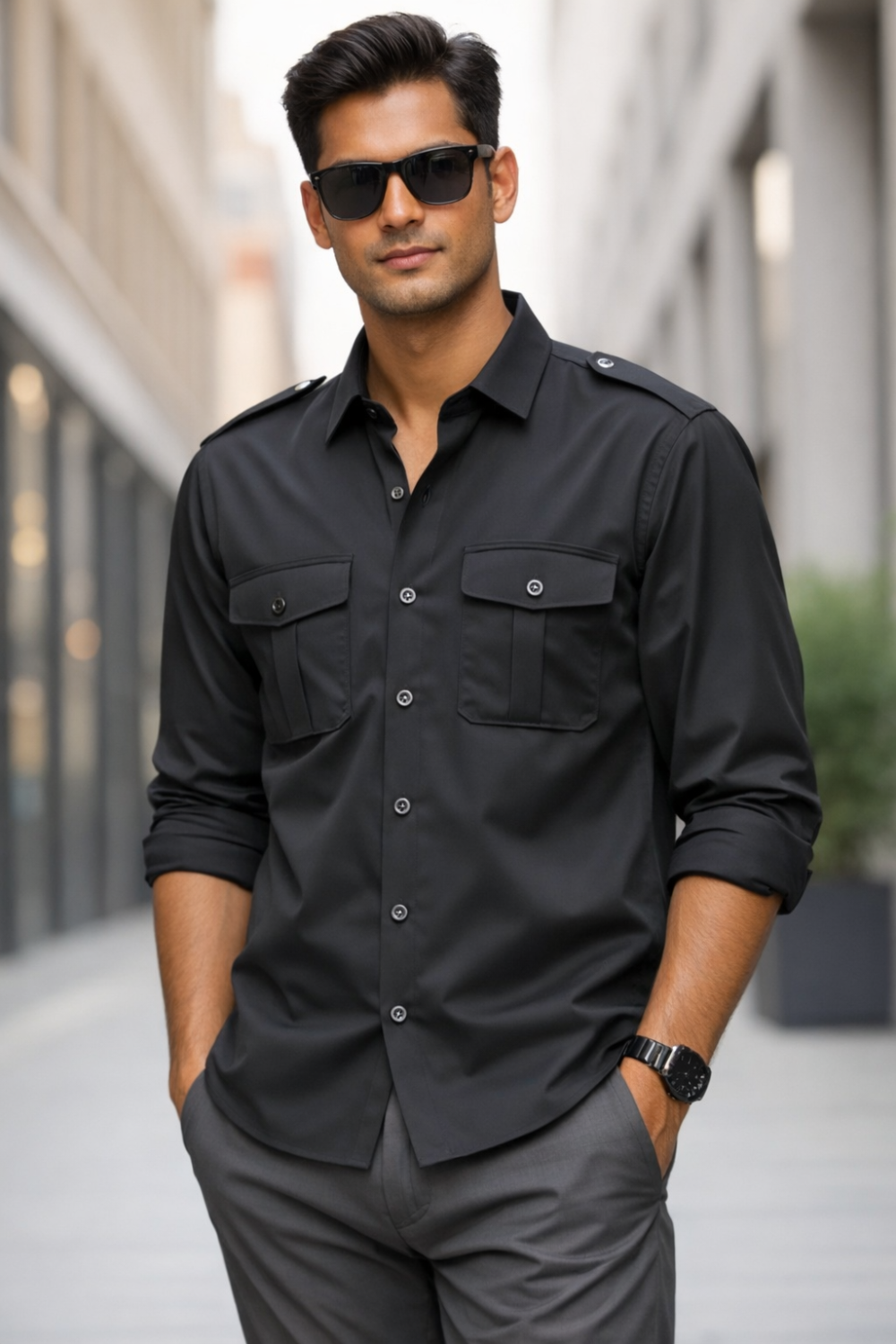 Black safari shirt for men with shoulder epaulets and dual pockets by Monarch Garments India