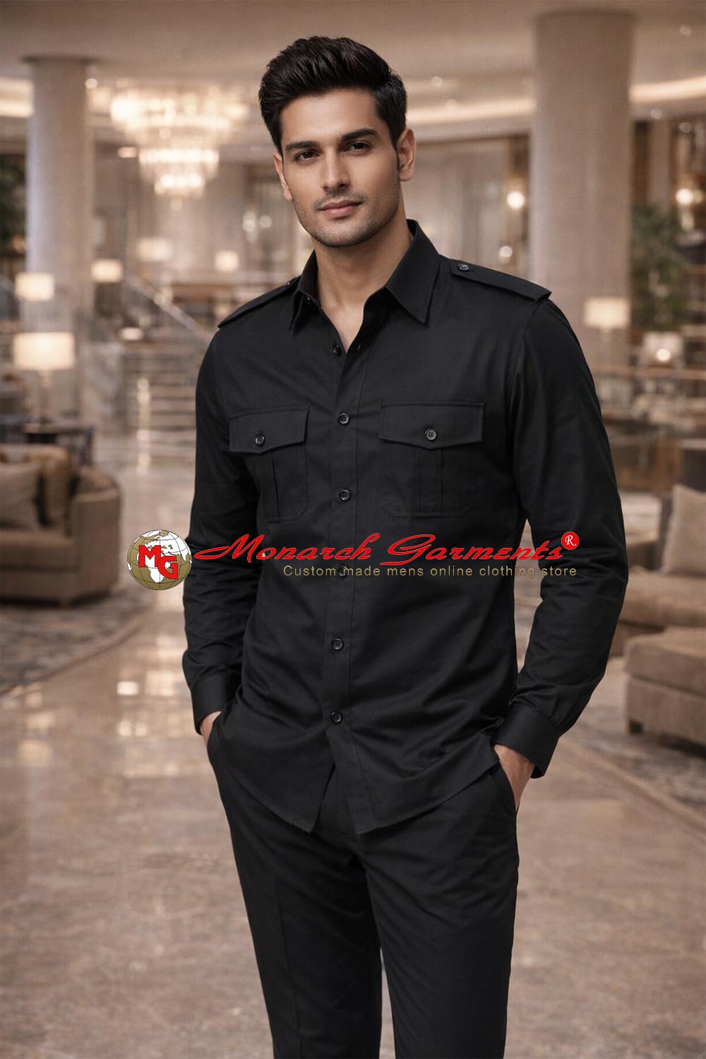 Black safari shirt for men slim fit with flap pockets and epaulets