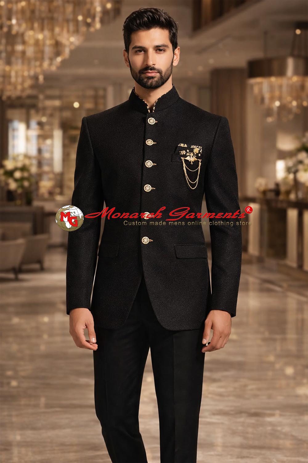 Black self design partywear Jodhpuri Bandhgala suit with brooch chain and pocket square by Monarch Garments