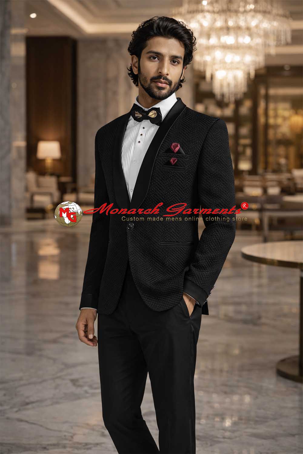 Black self design shawl collar tuxedo suit for men slim fit wedding and reception wear India