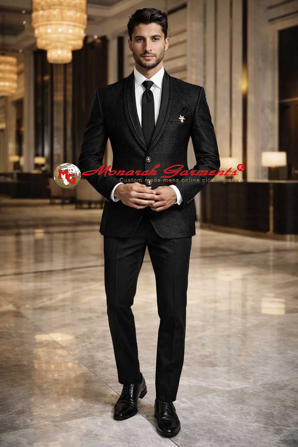 Black self design shawl collar tuxedo suit for men slim fit wedding and reception wear India