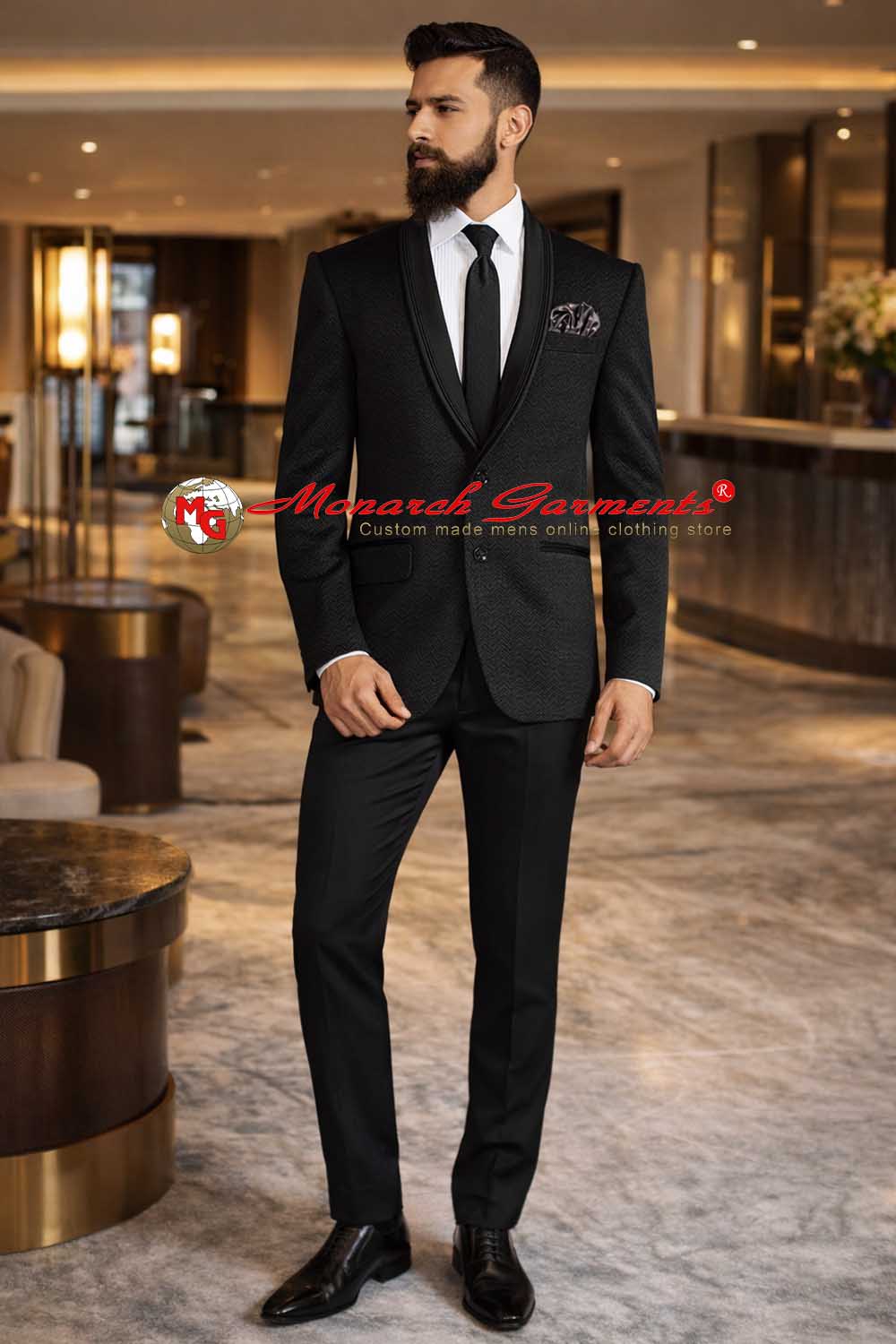 Men’s black self woven tuxedo suit slim fit with shawl collar