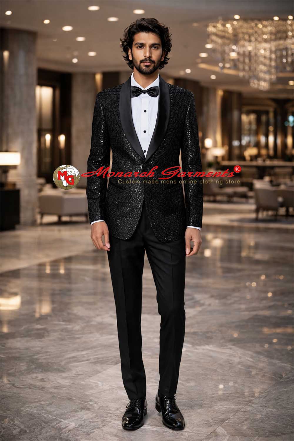 Black sequin tuxedo suit for men with shawl collar slim fit wedding and reception wear India