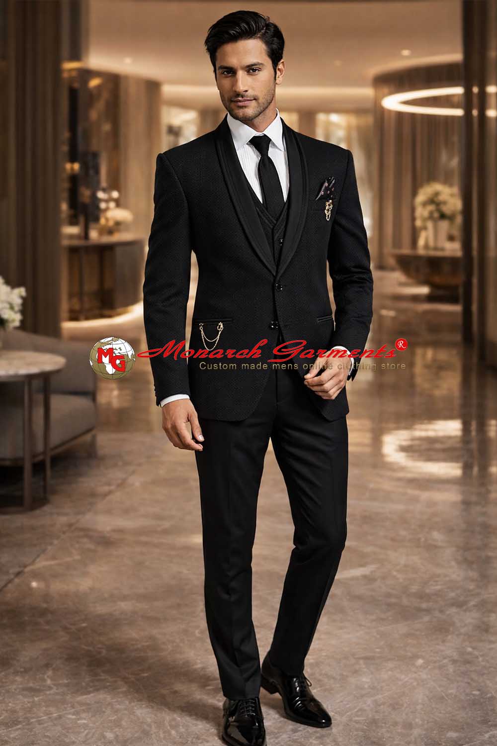 Black shawl collar tuxedo suit for men slim fit 7 piece wedding wear India