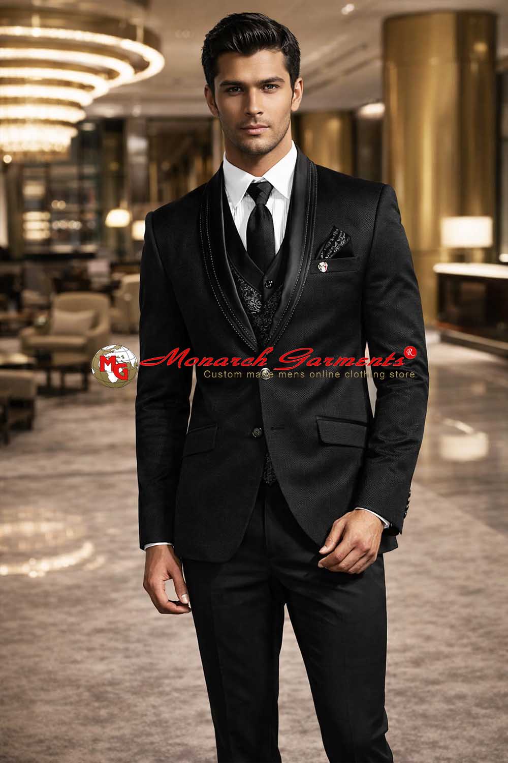Black shawl collar tuxedo suit for men slim fit with vest wedding wear India