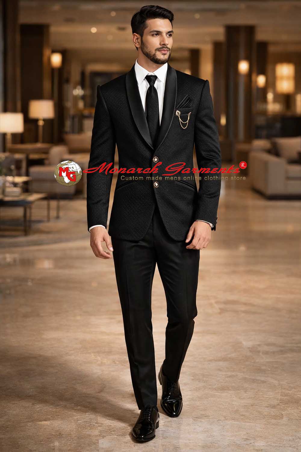 Men’s black shawl collar tuxedo suit slim fit with textured fabric