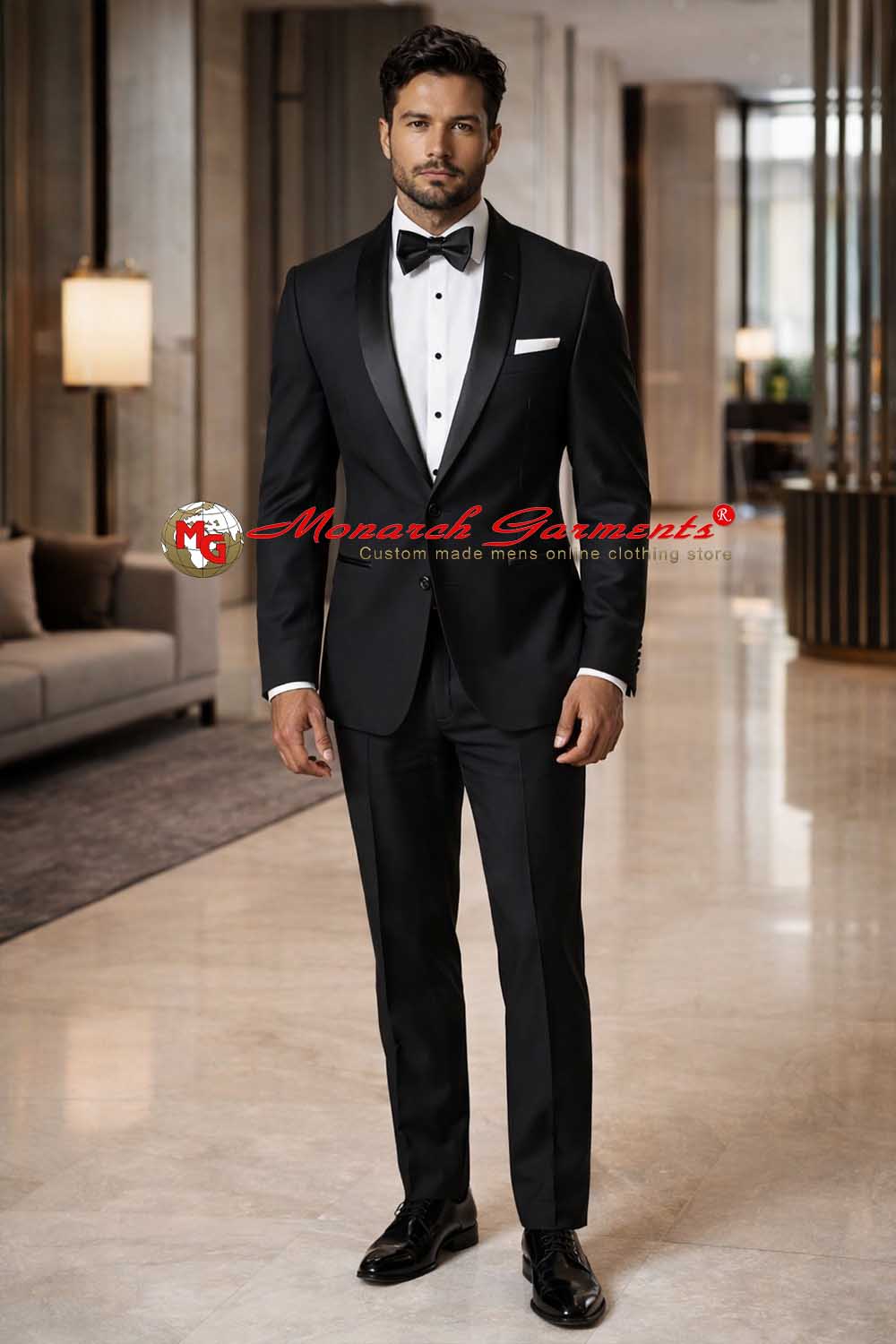 Black shawl collar tuxedo suit for men slim fit formal wedding wear with satin lapel