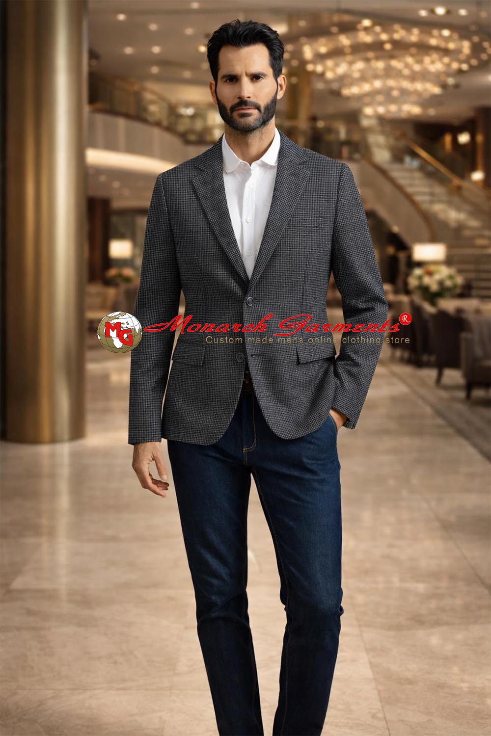 Men wearing black shepherd check tweed blazer in merino wool for semi formal and business occasions India
