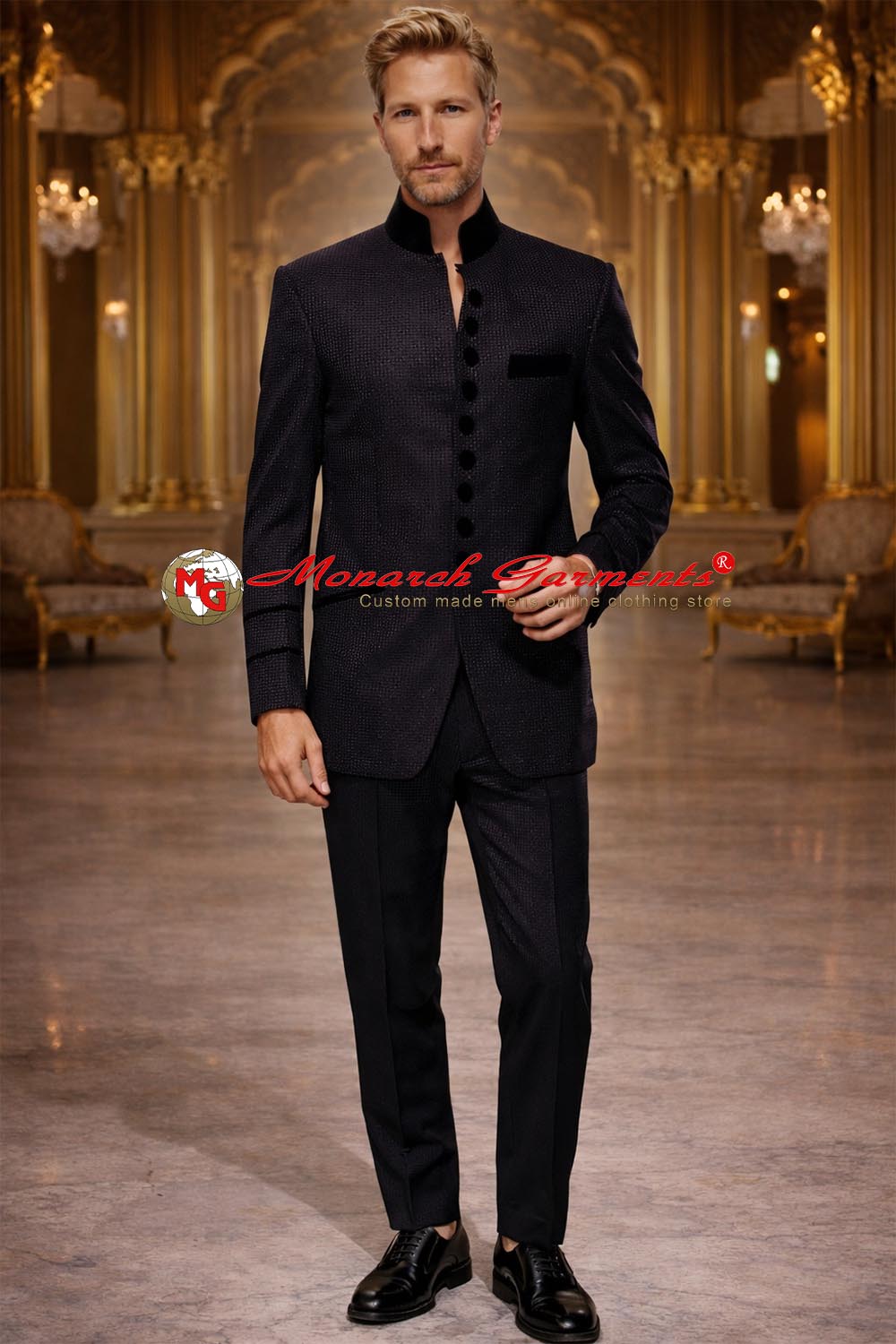 Black textured bandhgala suit for men by Monarch Garments – luxury Indian wedding and reception outfit