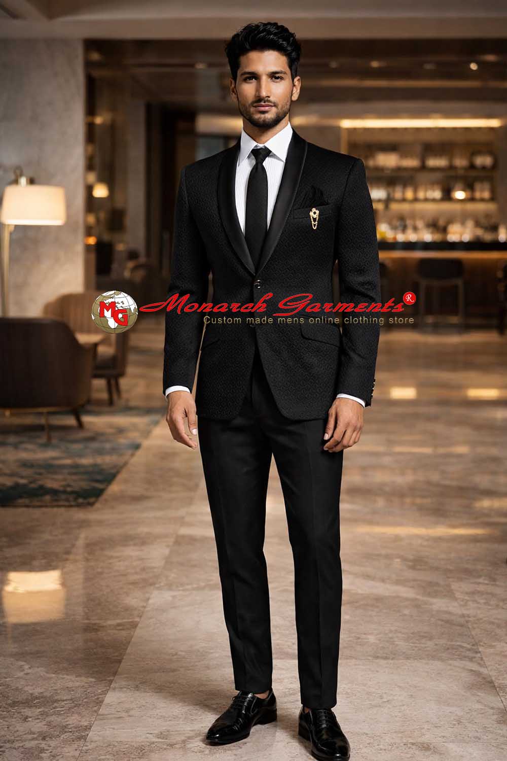 Black shawl collar tuxedo suit for men slim fit self design wedding formal wear India