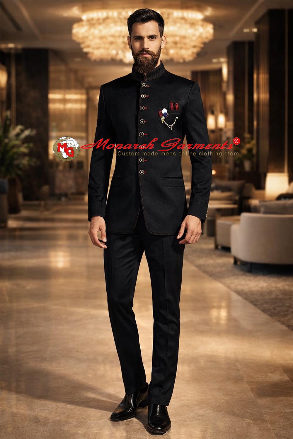 Black traditional Jodhpuri suit for men with brooch and pocket square bandhgala by Monarch Garments India