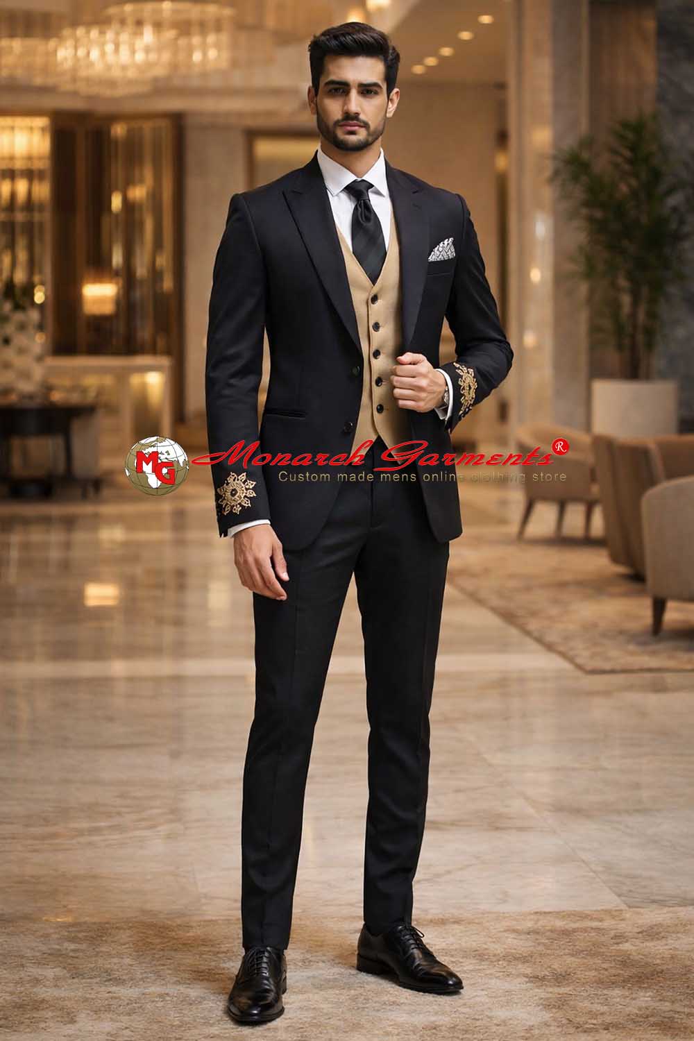 Black tuxedo suit with gold waistcoat for men slim fit wedding wear India