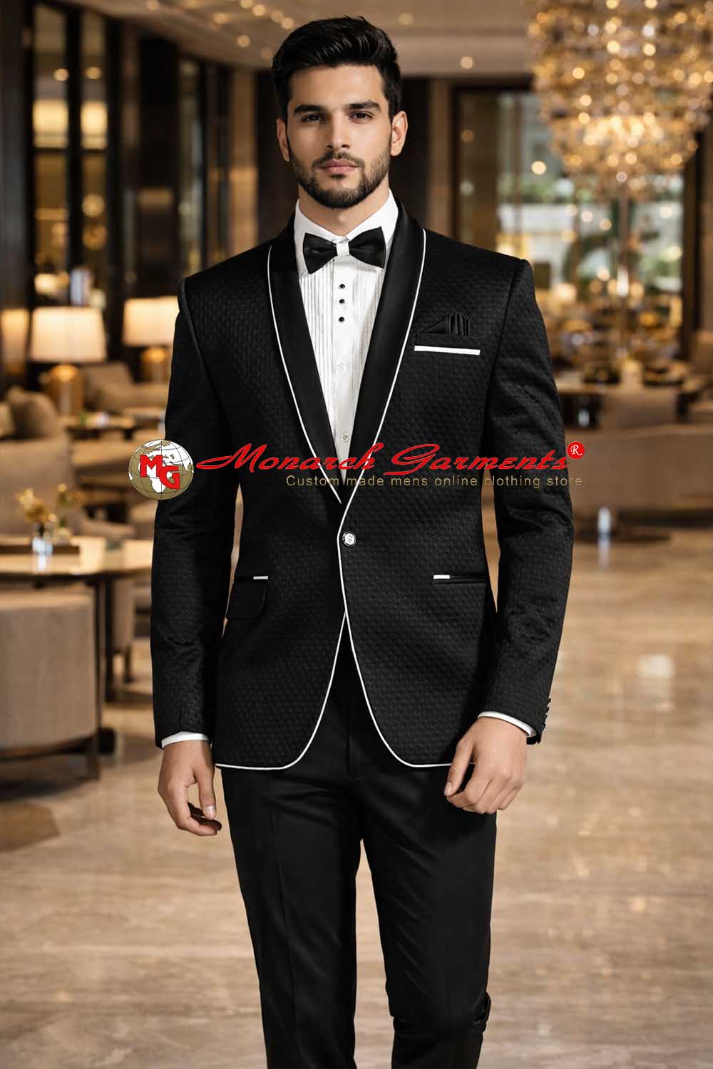 Men’s black tuxedo suit with white piping shawl collar slim fit