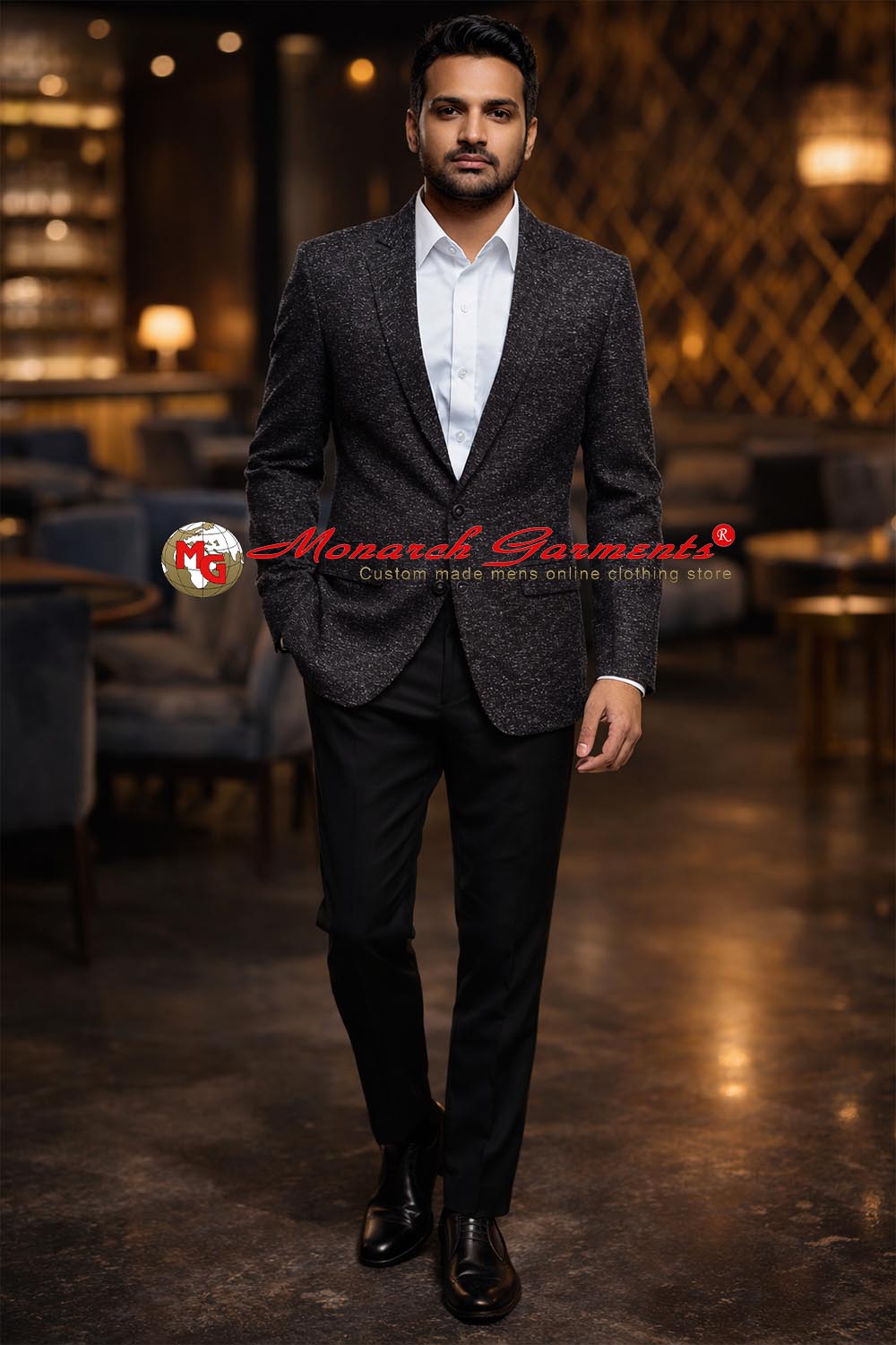 Men's black two button notch lapel classic blazer by Monarch Garments