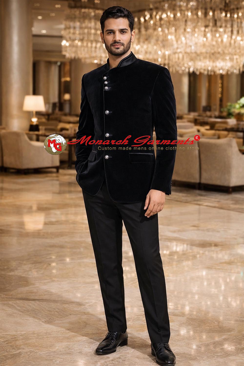 Men’s black velvet Angrakha style slim fit blazer with band collar for wedding reception and luxury evening wear