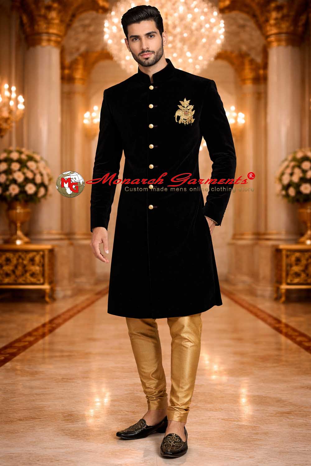 Men’s black velvet sherwani with golden elephant embroidery and gold chudidar for Indian wedding wear