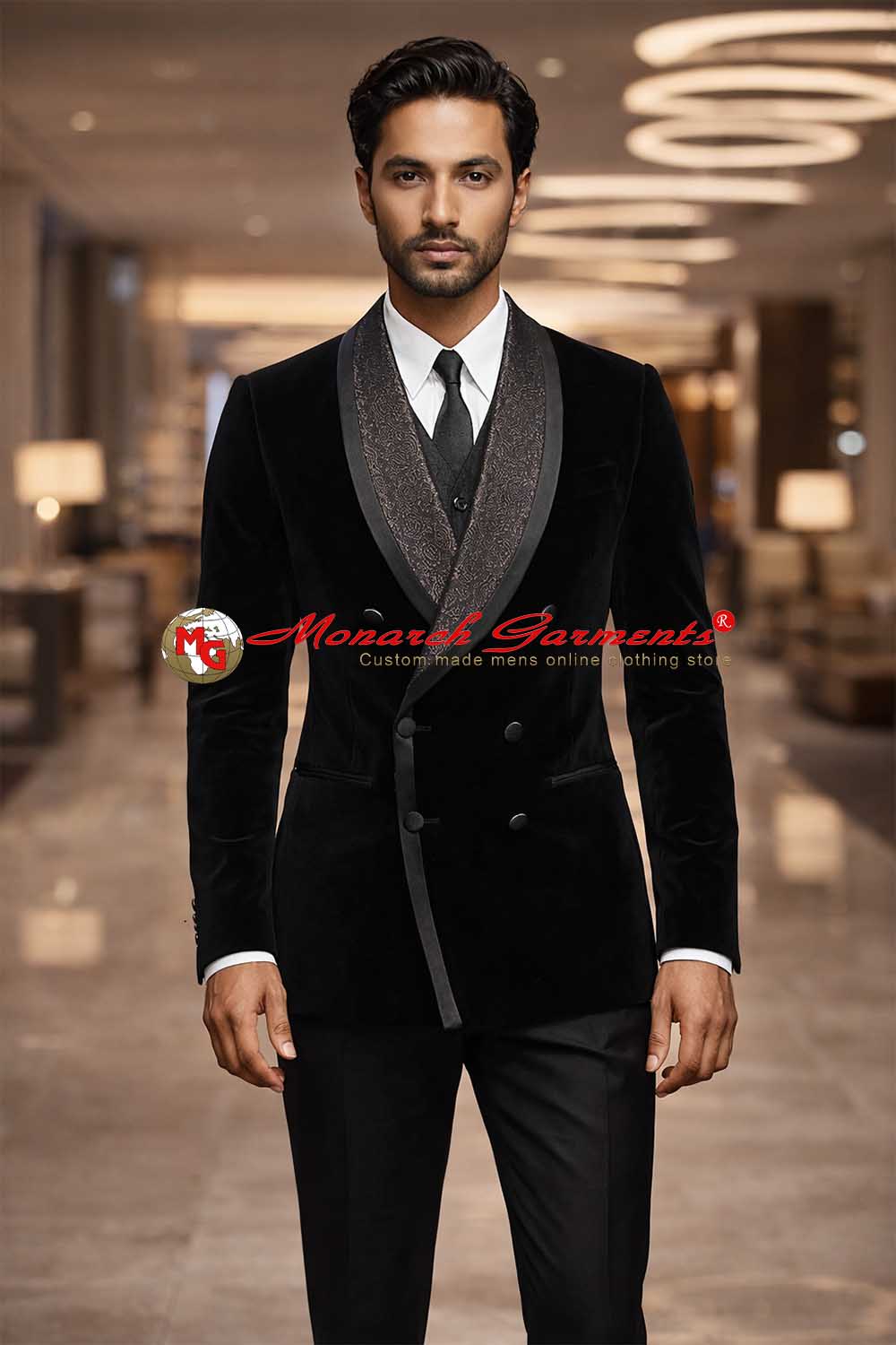 Black velvet double breasted tuxedo suit for men with shawl lapel slim fit wedding wear India
