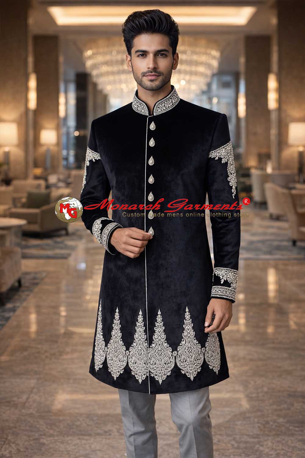 Black velvet embroidered Indo Western suit for men with grey churidar wedding outfit