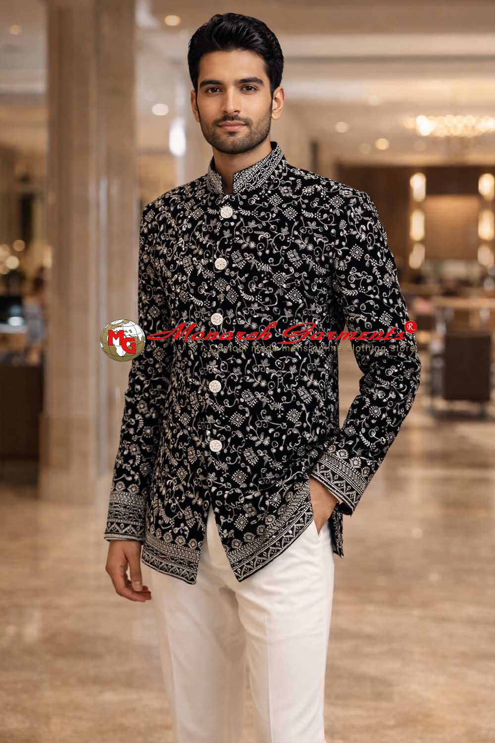 Black velvet embroidered Jodhpuri suit for men with cream trousers wedding wear slim fit
