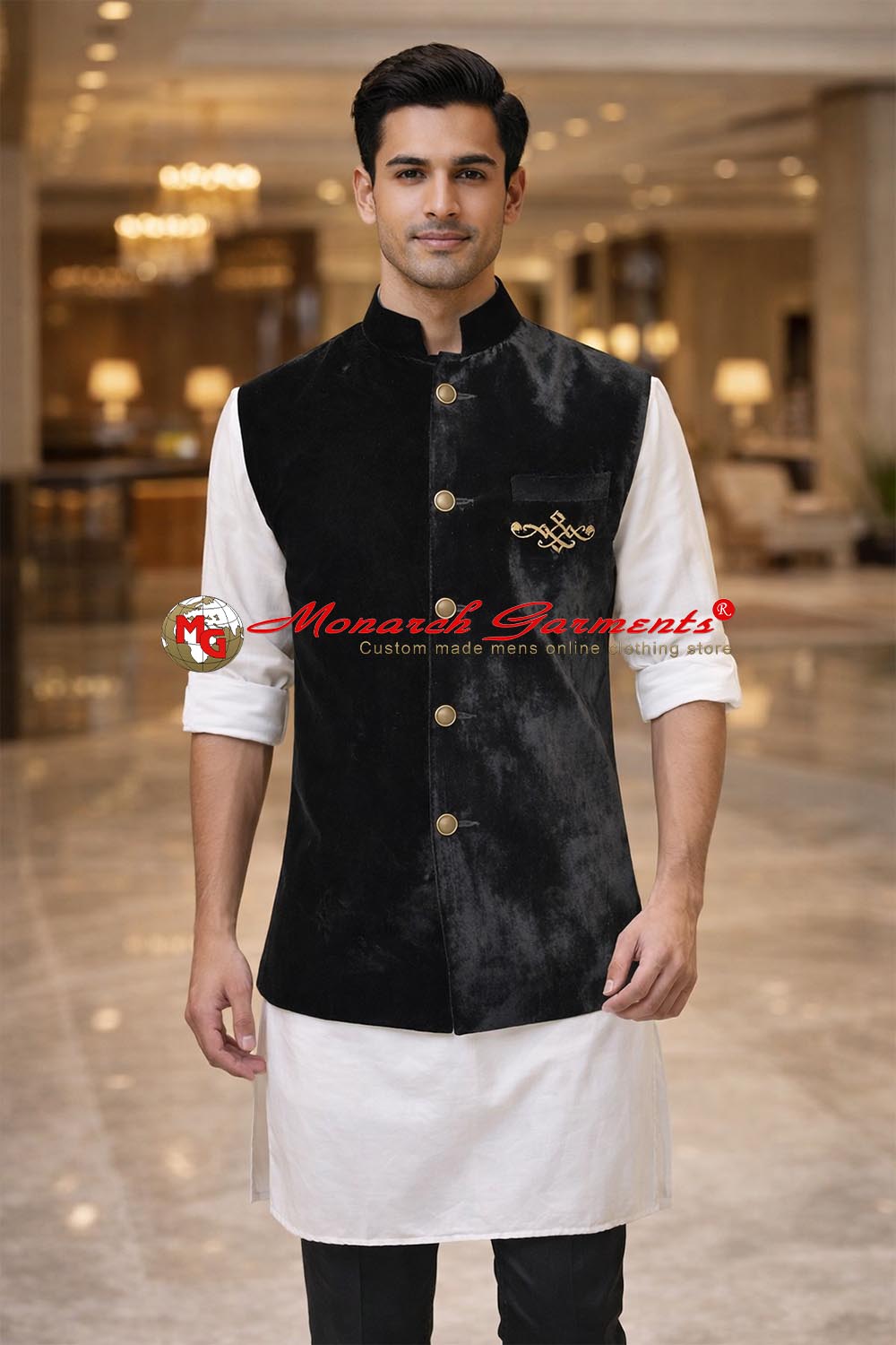 Black velvet Nehru vest for men embroidered slim fit wedding wear India