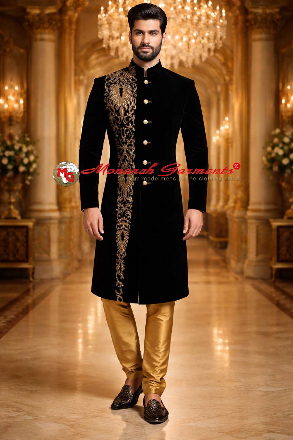 Men’s black velvet embroidered sherwani with gold churidar for Indian wedding groom wear by Monarch Garments