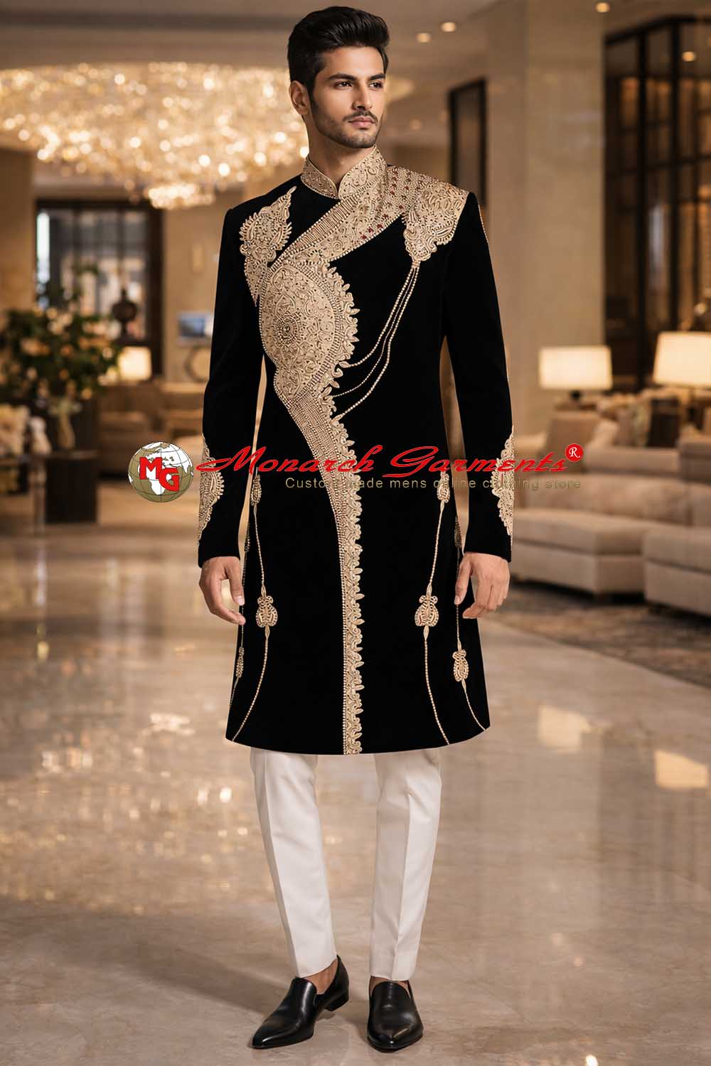Black velvet embroidered sherwani for men with white breeches wedding outfit India