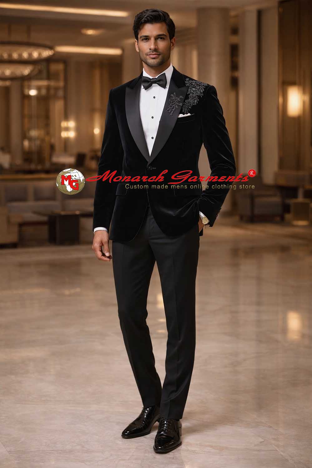 Black velvet embroidered tuxedo suit for men slim fit with satin peak lapel wedding wear