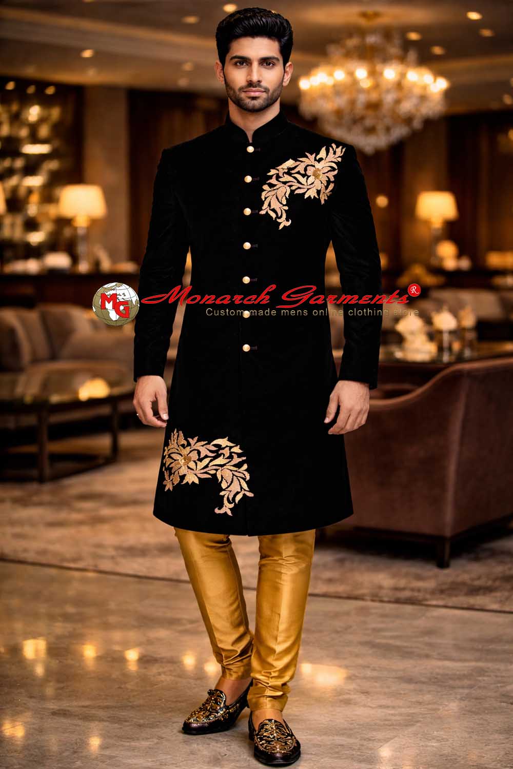 Men's black velvet embroidered wedding sherwani with golden churidar by Monarch Garments