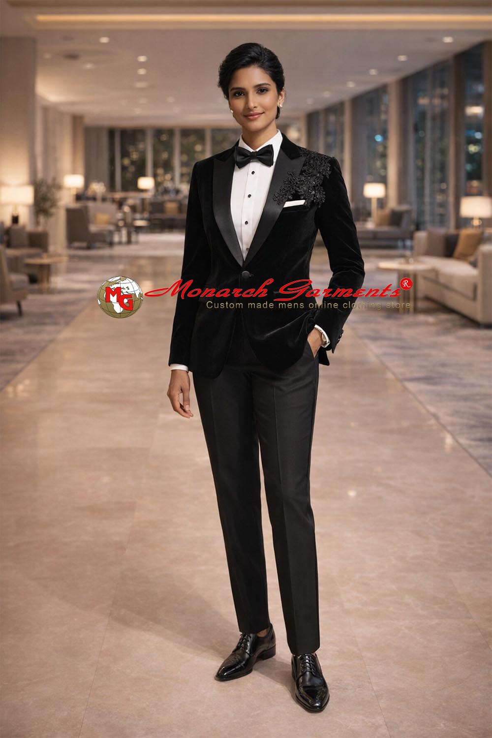 Black velvet embroidered 2 piece suit for women slim fit luxury evening suit for wedding and gala events in India