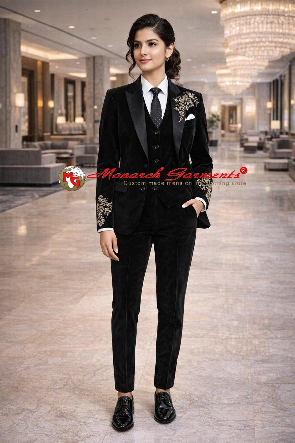 Black velvet embroidered 3 piece suit for women slim fit formal suit for wedding and luxury events in India